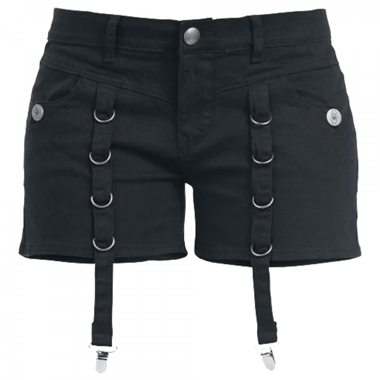 Scene Queen Gothic Black Mini Shorts | Women’s Punk Gothic Mini Shorts with D-Rings and Vertical Straps